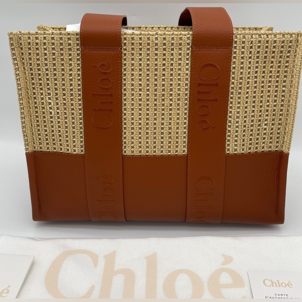 $1950 NEW CHLOE WOODY MEDIUM RAFFIA LEATHER SUMMER TOTE BAG PURSE NWT! - Picture 5 of 11